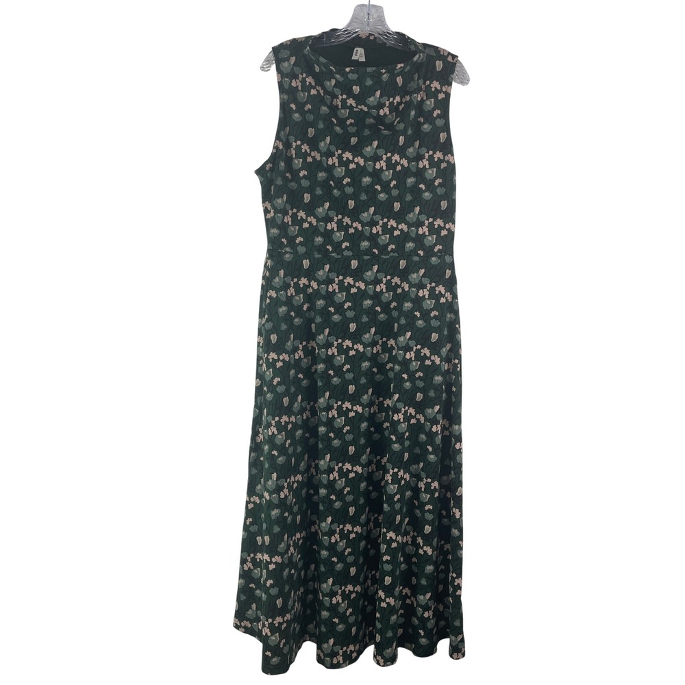 Pact Sleeveless Floral Midi Dress XL Green Pink Organic Cotton Pockets Boho